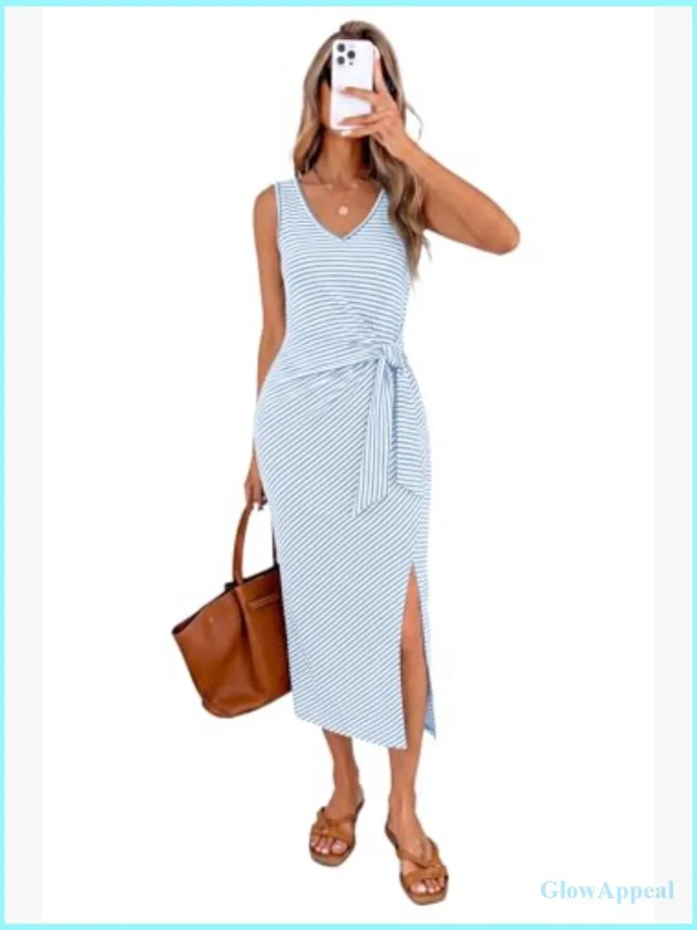 Women's Sleeveless V-Neck Midi Dress with Tie Waist Side Slit - Picture 3 of 7